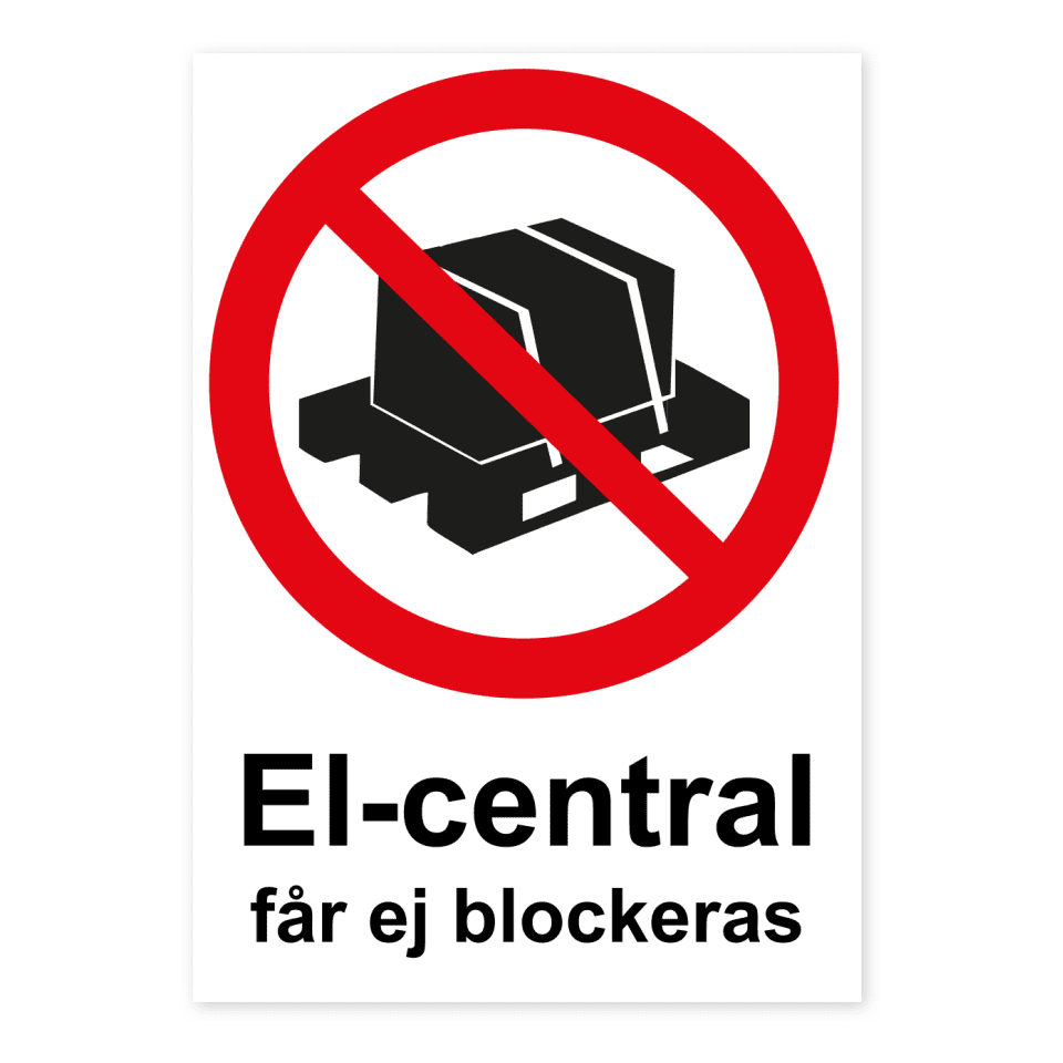 El-central får ej blockeras-skylten har storleken 148x210mm och tillverkas i materialet Dekal. Denna standardskylt kan anpassas så att du kan skapa din egen version av skylten.