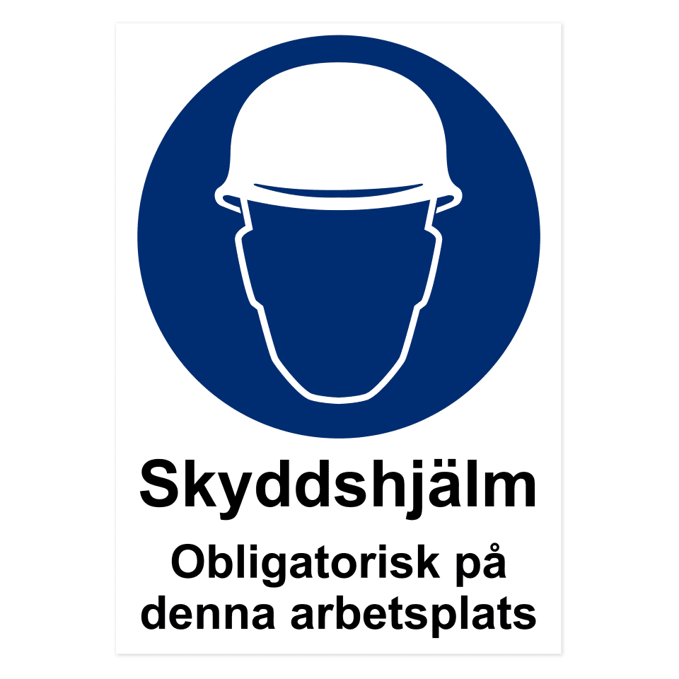 Skyddshjälm. Obligatorisk på denna arbetsplats.-skylten har storleken 420x594mm och tillverkas i materialet Aluminium 0.7mm. Denna standardskylt kan anpassas så att du kan skapa din egen version av skylten.